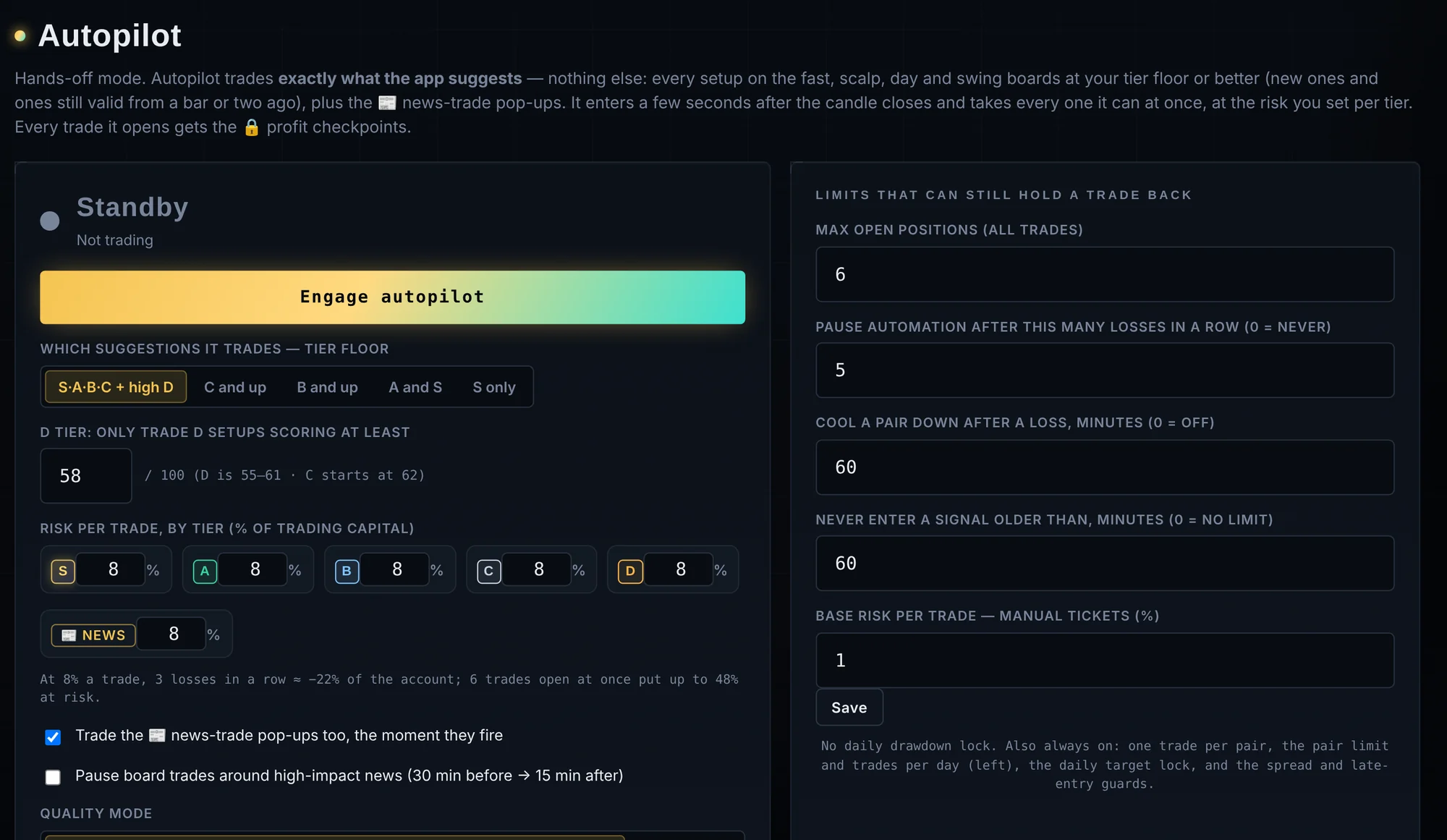Autopilot controls: tier floor, risk per tier, open-position limits and signal age limit
